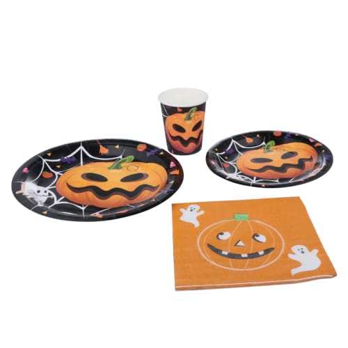KOMBIUDA 50 Pieces Halloween Party Plates, Halloween Cups and Dishes, Halloween Paper Plates, Cake Plates, Paper Dessert Table Settings