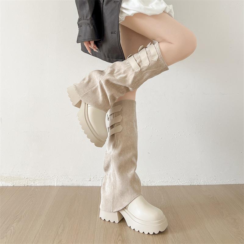Fashion Fashion Belt Buckle Canvas Patchwork Knee High Boots Women 2025 Autumn Punk Chunky Platform High Heel Knight Long Bota Femininas