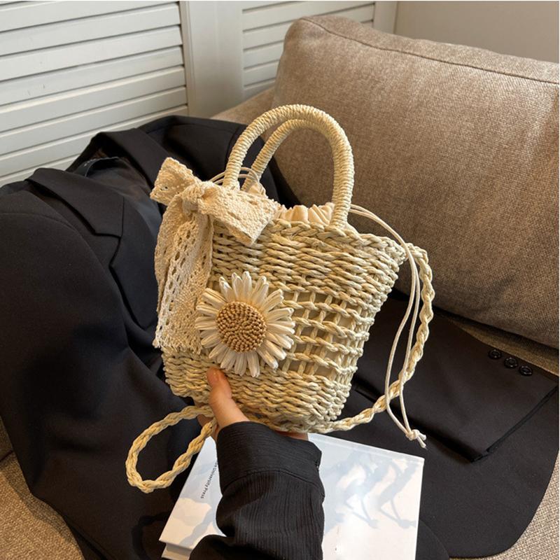 Yogodlns Stroh Handgefertigt Sommerurlaub Gewebt Damen Floral Dekor Kleine Umhängetasche Böhmisch Strand Reise Korb Crossbody Taschen