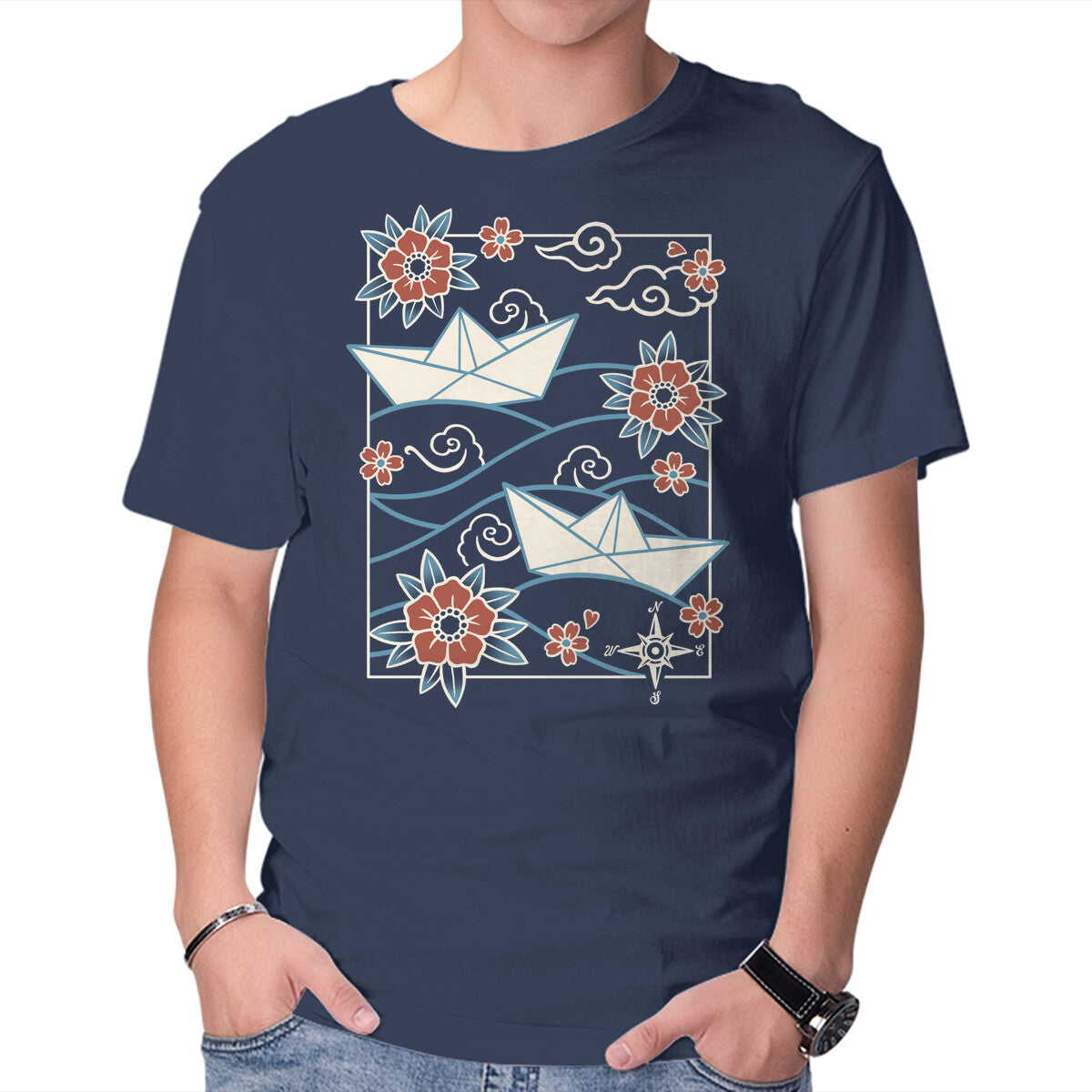 Unisex Crew Neck T-Shirt Origami Boat Graphic Short Sleeve Casual Tee XXXXL