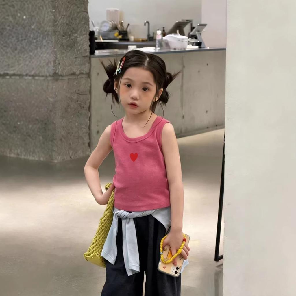 Girls Summer Thin Cartoon Heart Camisole Sleeveless Vest Cute Top For Inner Or Outer Wear