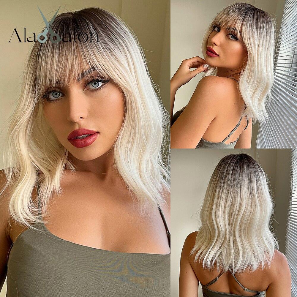 ALAN EATON Ombre Black Brown Orange Synthetic Bangs Wigs Short Wavy Bob Wigs for Women Natural Daily Cosplay Hair Heat Resistant