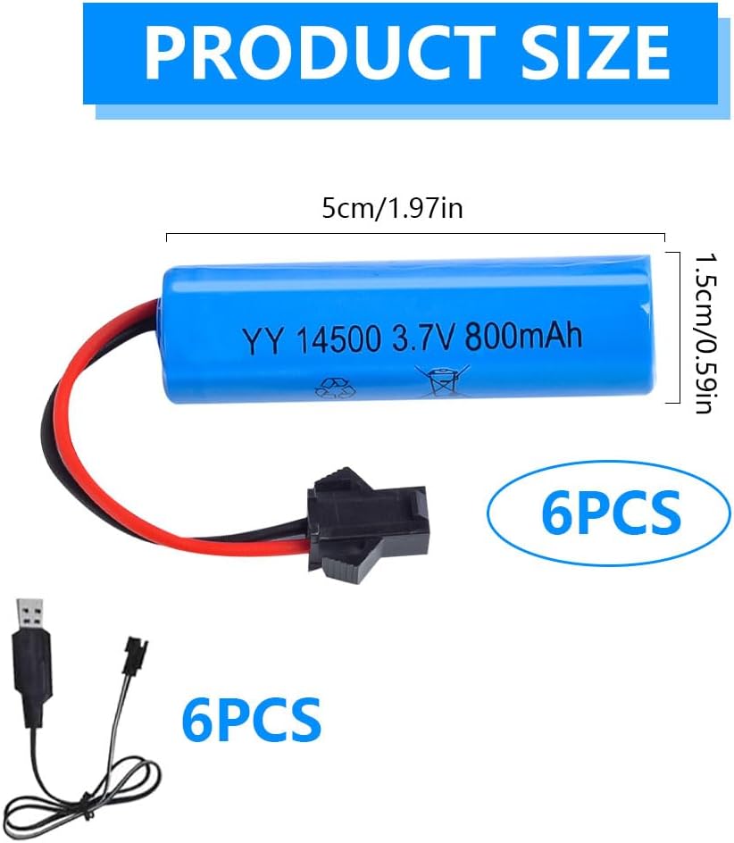 6Pcs LiPo Battery 3.7V 800mAh with SM-2P Connector and USB Charger – For C2 D828 Models – Long Life, Safe Connection, Rechargeable