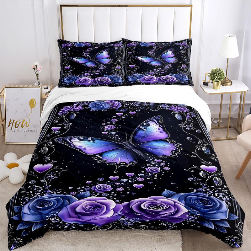Purple Butterfly Roses Print 3Pcs Bedding Setduvet Cover With 2 Bedropillowcase Home Birthday Gift