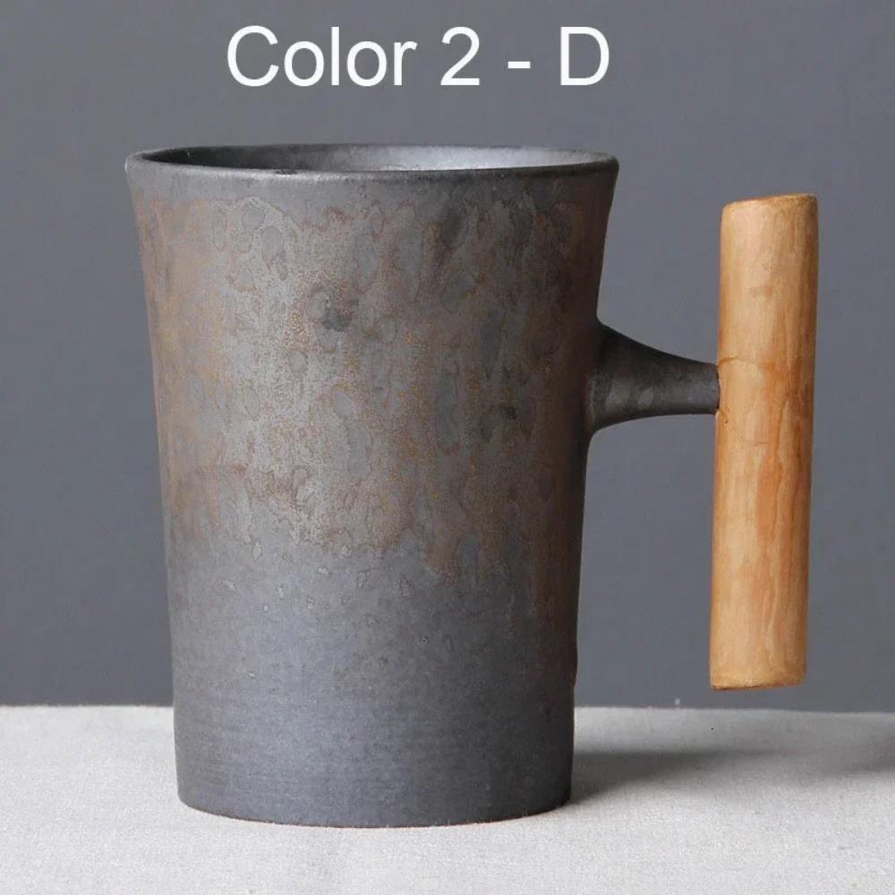 Japanese Vintage Tea Cup Set Ceramic Coffee Mug Rust Glaze Milk Cafe Cup with Wood Handle Water Cup Teacup Home Office Drinkware