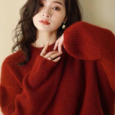 Women's Plus Size Red Wool Lurex Sweater - 2025 New Year's European Style, Thickened Cashmere for Autumn/Winter.