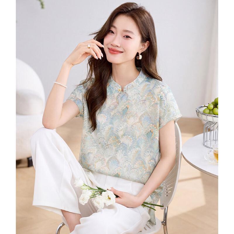 ORIGIN Chinese Style Retro Printed Stand Collar Short Sleeve Shirt