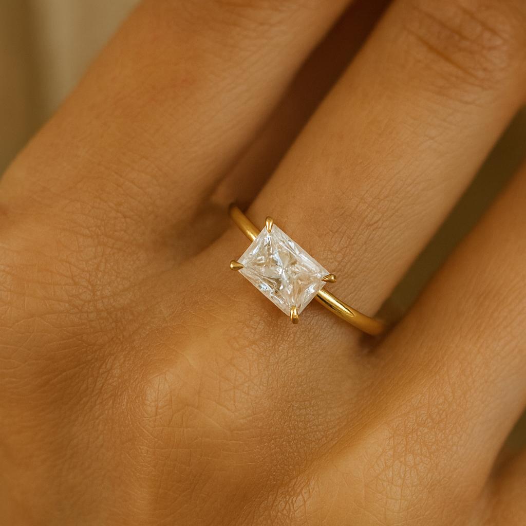 Radiant Cut Engagement Ring, Solitaire Yellow Gold Plated Band, Classic Bridal Jewelry, Promise Ring for Her