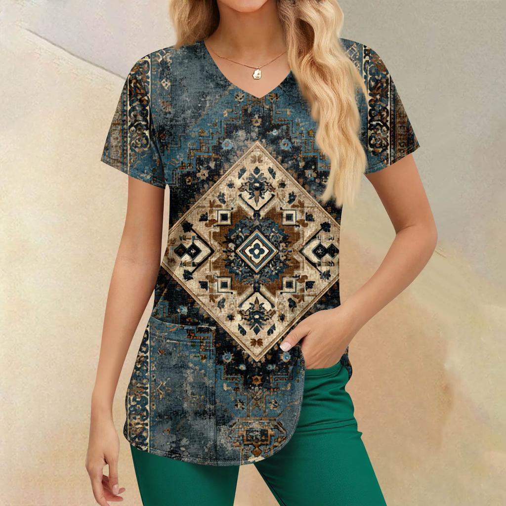Plus Size Printed Scrub Working Uniform Tops For Women's V-Neck Print Short Sleeve Fun T-Shirts Workwear Tee With Pockets