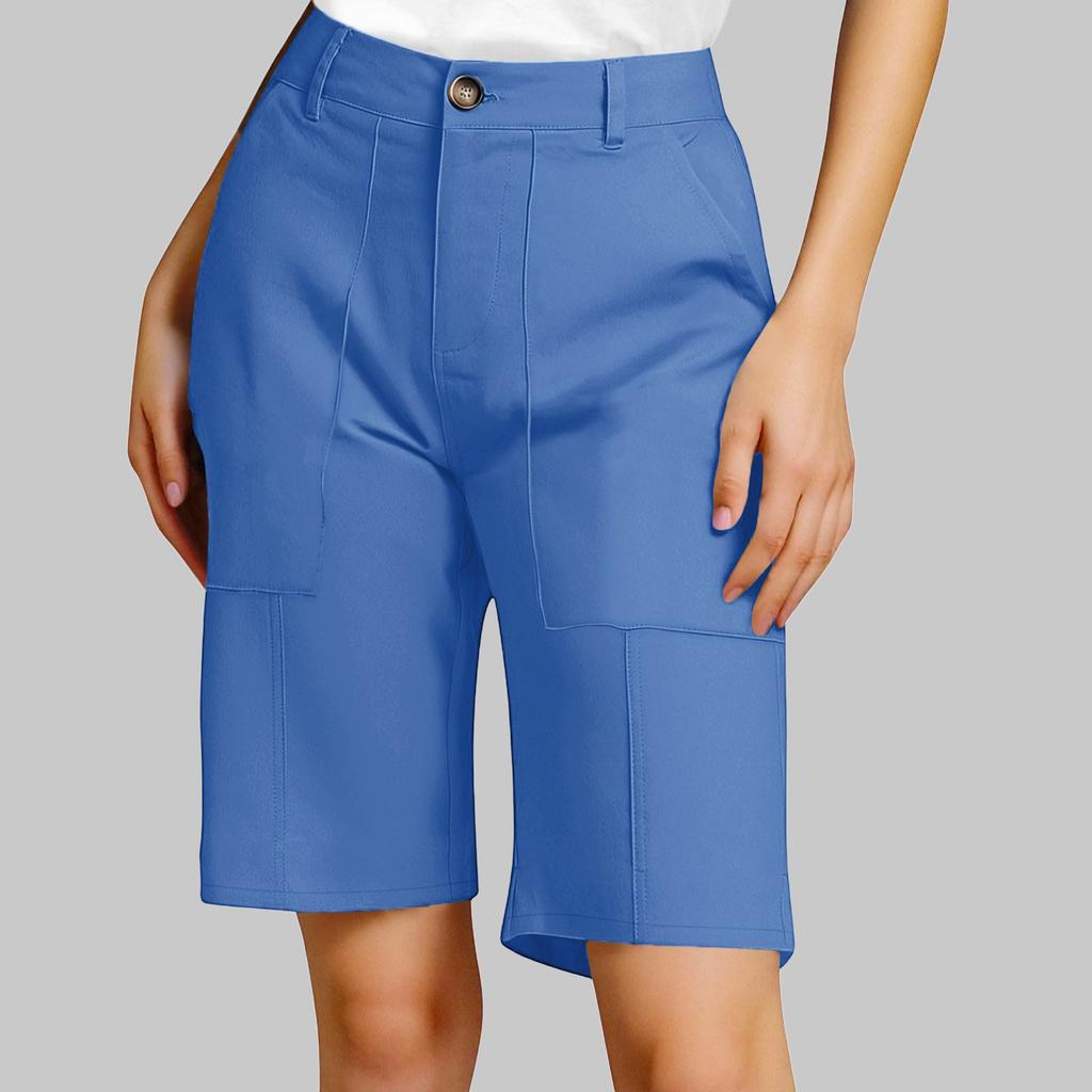 Women's Summer Casual Fashionable Loose And Comfortable Knee High Waisted Elastic Band Pocket Shorts
