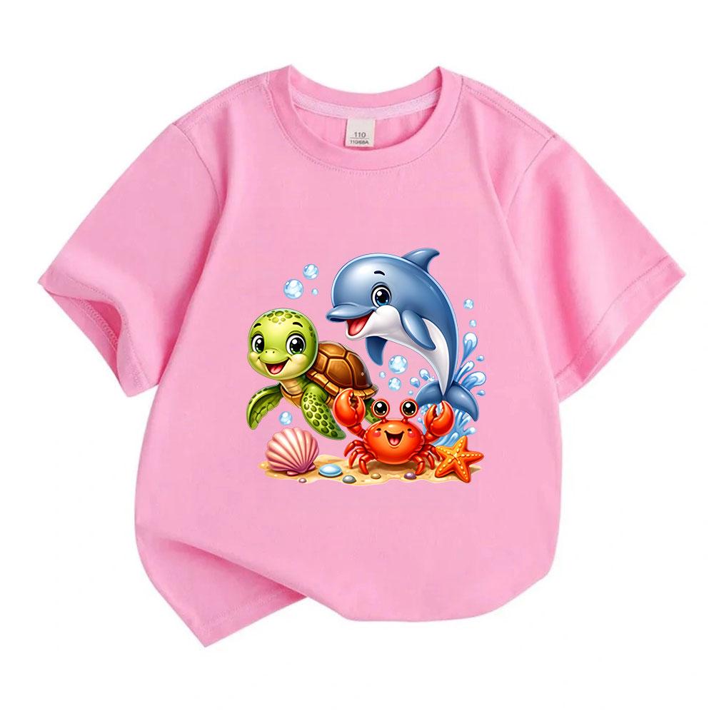 Kids Boys Girls 100% Cotton Crew Neck Short Sleeve T-Shirt, Cute Sea Animal Cartoon Turtle Dolphin Crab Print Casual Summer Tees for Children
