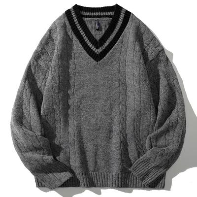 Men's Winter Retro V-neck Thickened Sweater Knitted Pullover Large Size Top