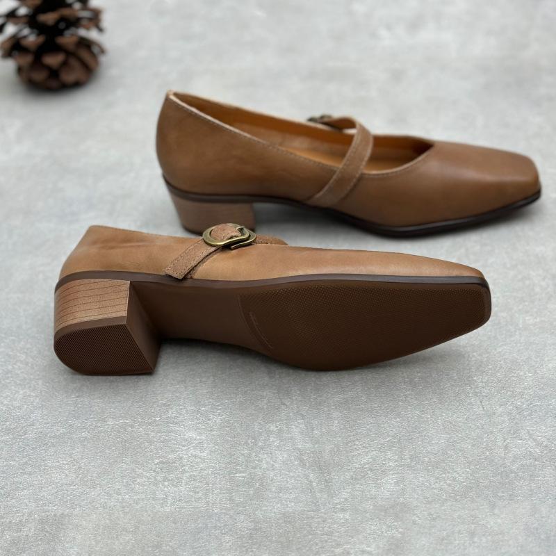 Johnature Echtes Leder Dicke Absätze Retro Damen Pumps Retro Eckige Zehenpartie Mary Jane Absatzschuhe