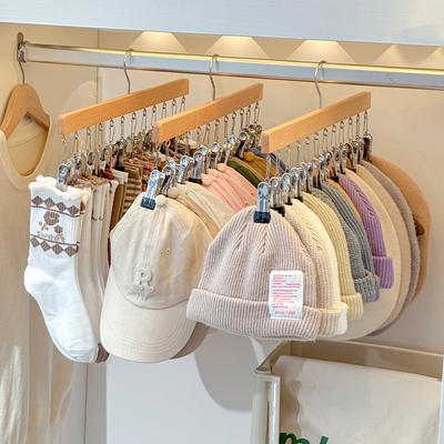 12 Clips Wooden Hat Storage Hanger for Baseball Caps Socks Storage Rack Newborn Clothes Hangers Hat Organizer
