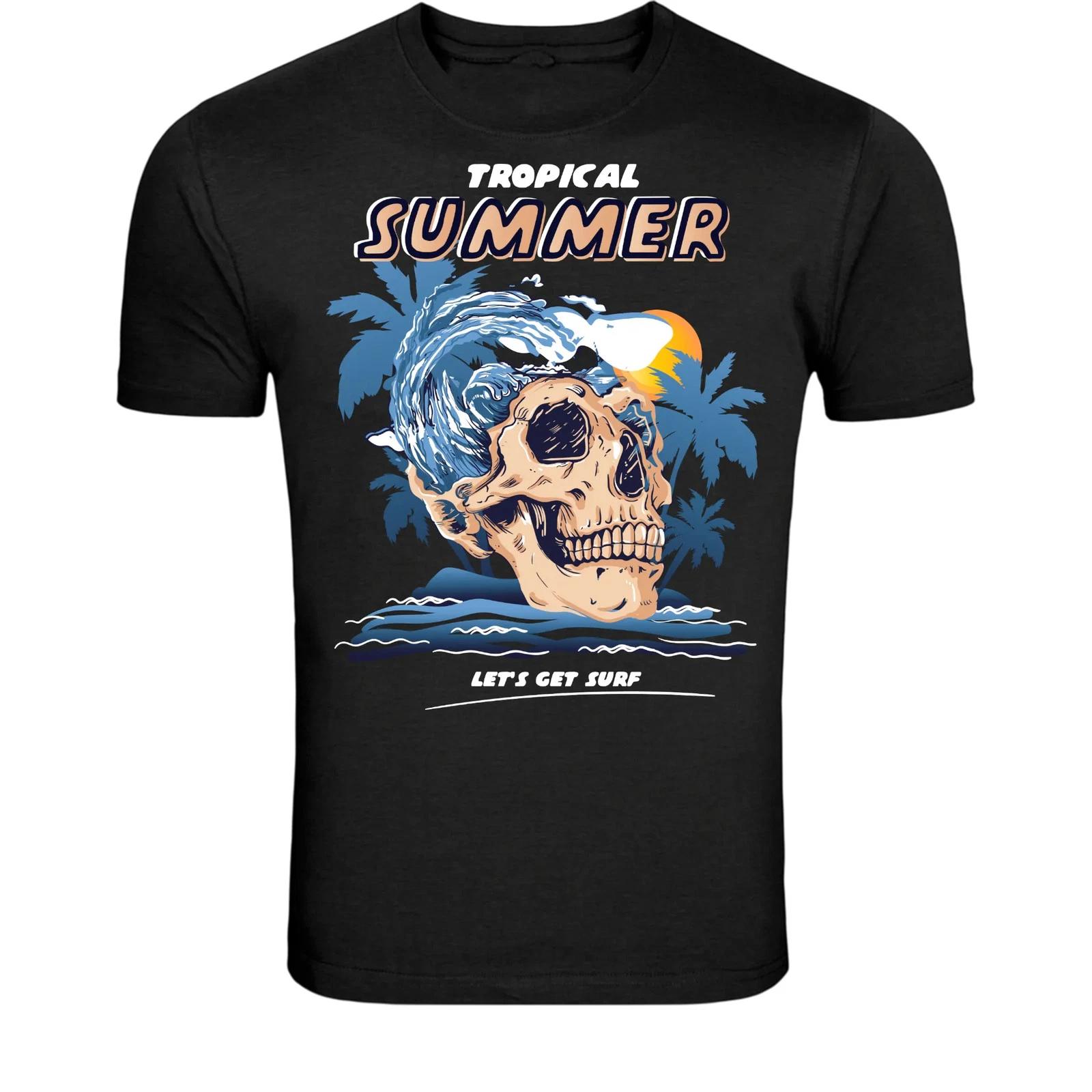 Tropical Summer Skull Surf T-Shirt - Beach Wave Vacation Graphic 4XL