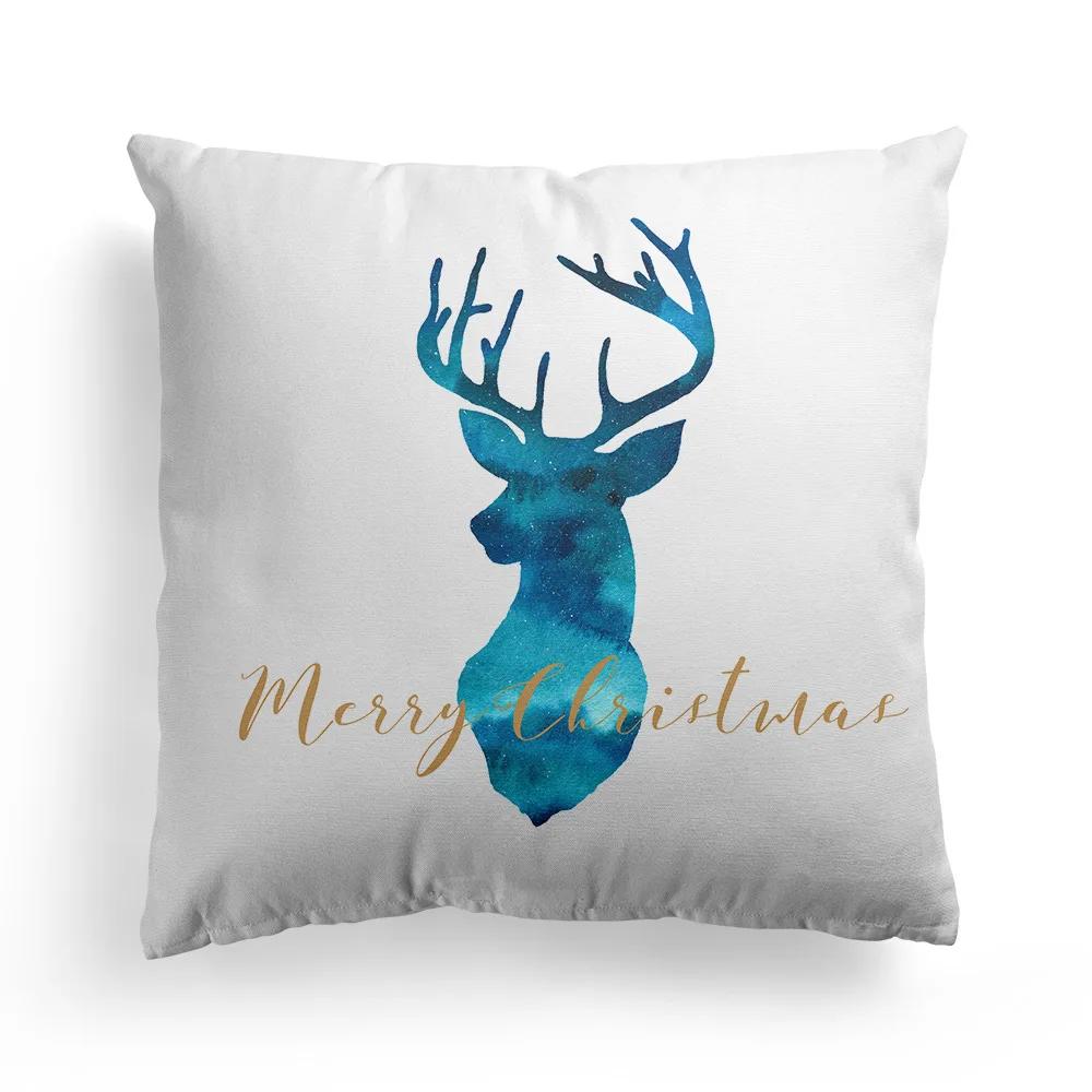 New Christmas Blue Watercolor Elk Pillowcase Christmas Decoration Holiday Gift Living Room Sofa Ornament Bedroom Home Decoration