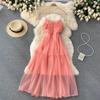 Sexy Mesh Strap One Piece Dress Women Sweet Ruffle A-Line Beach Party Dresses Female Fashion Solid Design Elegant Clothing 2024