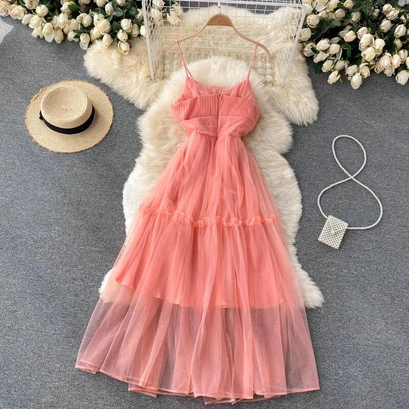Sexy Mesh Strap One Piece Dress Women Sweet Ruffle A-Line Beach Party Dresses Female Fashion Solid Design Elegant Clothing 2024
