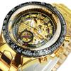 WINNER Gold Transparent Skeleton Automatic Watch for Men Luminous Pointers Luxury Brand Stainless Steel Strap Mechanical Watches