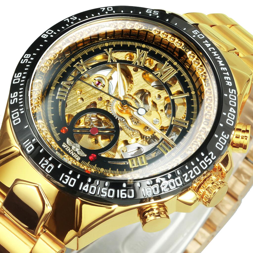 WINNER Gold Transparent Skeleton Automatic Watch for Men Luminous Pointers Luxury Brand Stainless Steel Strap Mechanical Watches