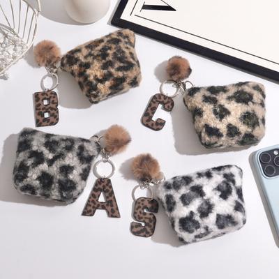 Cute Girl Leopard Print Coin Purse  New Fashon Money Earphone Coin Key Bag Creative Plush Letter Pendant Keychain