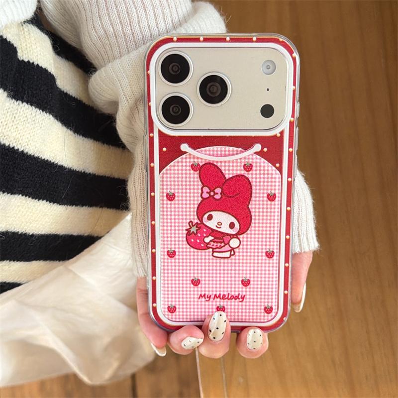Aesthetic Red Strawberry My Melody Phone Case For iPhone 17 16 15 14 Pro Max Cute Polka Dot Gingham Stand Protective Cover for W