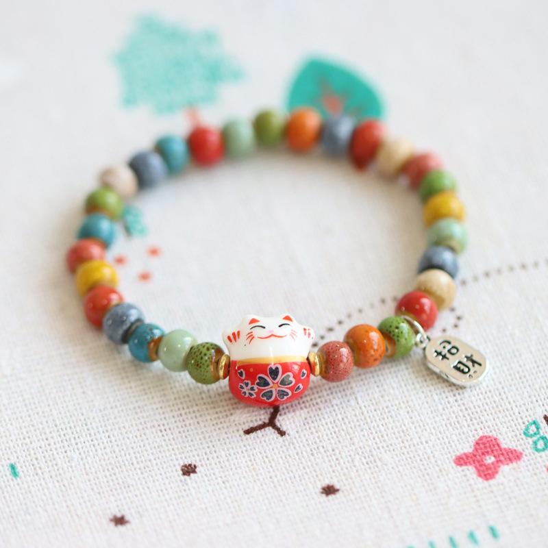 Bracelet chat porte-bonheur mignon pour filles, bracelets de perles colorées réglables