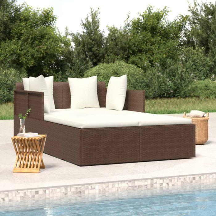 Chaise longue avec coussins marron 182x118x63 cm résine tressée