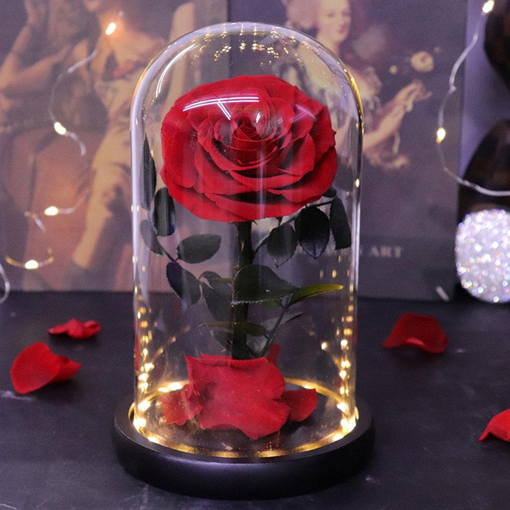 Preserved Rose In Glass Domes With LED Light Gift For Girlfriend Sturdy Lasting For Year Romantic Dinner Setting