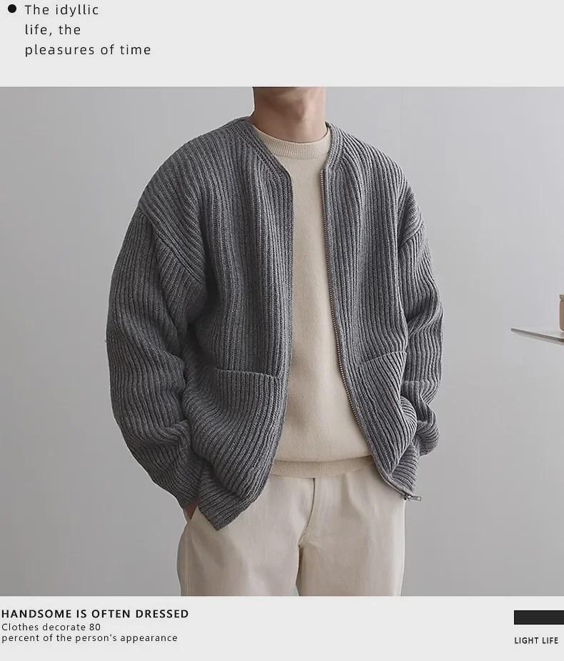Men's Round Neck Solid Color Knitted Cardigan - 2023 Casual Autumn/Winter Fashion, All-Match, Large Size Trendy Jacket