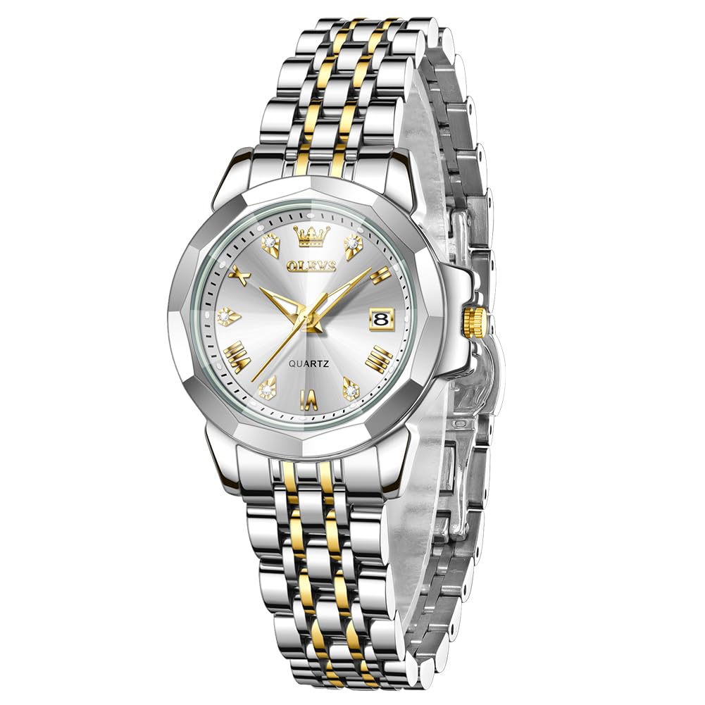 

OLEVS Quartz Watch with Stainless Date Fragrance Gold White Women s Scent, Lightweight, Steel, Display, Diamonds, Waterproof, Luminous, Gift, Watch,