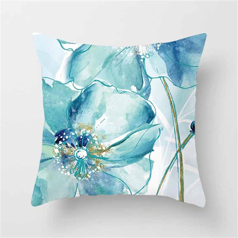 Blue flower and bird printed polyester square cushion cover for home living room sofa office decoration waist cushion pillowcase