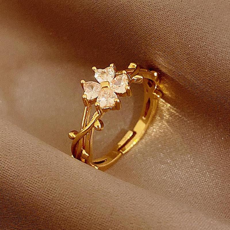 1pc Zirconia Flower Leaf Open Ring, Luxury Adjustable Finger Ring, Versatile Chic Hand Ornament Valentines