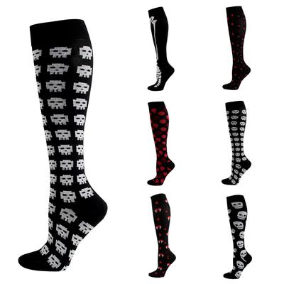 Meias femininas de compressão para esportes ao ar livre com estampa de Halloween de nylon com tubo longo