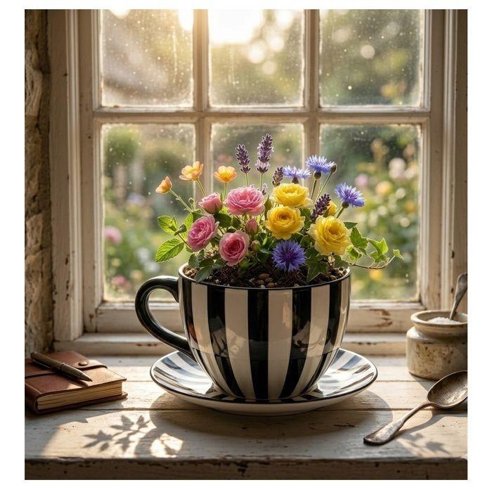 Pot décoratif - EDEN - Tasse rayée - Céramique - Rayé noir et blanc - 23×26×14 cm
