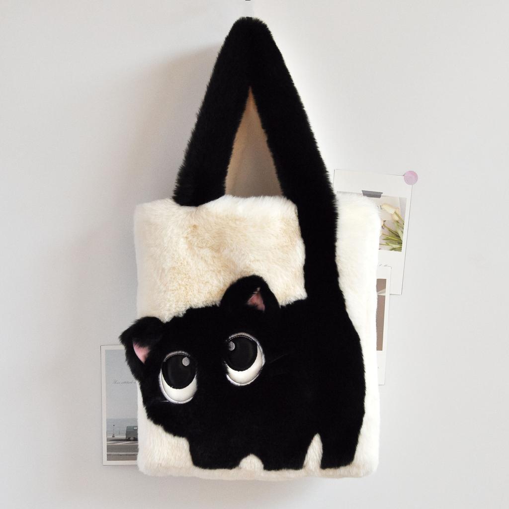 Creative Cartoon Cat Women's Plush Bag Embroidery Large Capacity Tote Bag Simple Fashion Soft Shoulder Bag for Autumn Winter