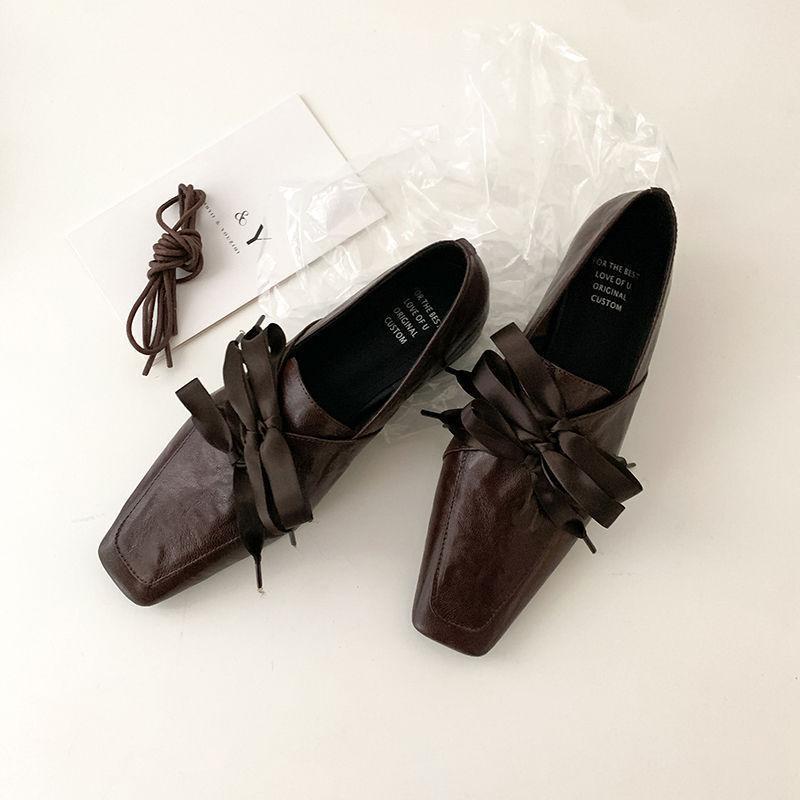 

Версия из коровьей кожи~ лоферы на шнуровке с квадратным носком, женские туфли-балетки с бантом на одной педали, на низком каблуке, маленькие кожаные туфли 40
