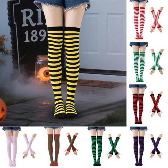 Womens Striped Arm Warmers Leg Warmers Set Winter Knitted Over The Knee High Socks Long Fingerless Gloves Set for Christmas Halloween