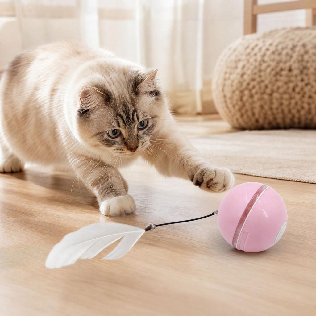 Interactive Toy Ball with Feather and Bell, Obstacle Avoidance, Rechargeable Self-Play Toy for Cats