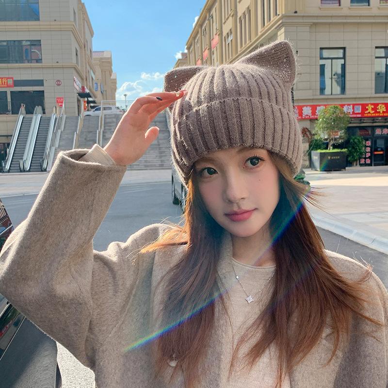 Cat Ear Wool Hat Women's Autumn and Winter New Warm Cute Knitted Hat Casual Hat Soft Warm Pullover for Big Heads, Cute Gift Hat for Cold Weather