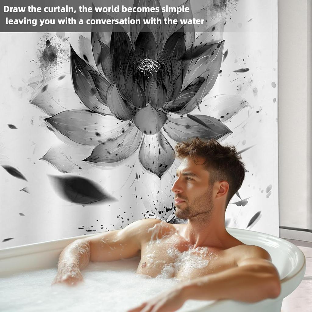 Black And White Lotus Shower Curtain Japanese Anime Floral Shower Curtains For Mens Bath Curtain Set, Waterproof Cloth Fabric