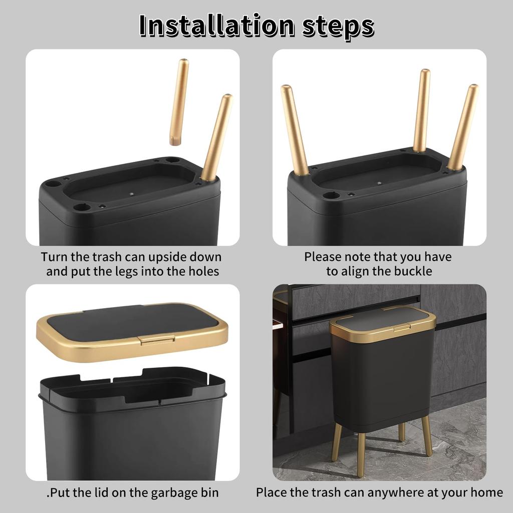 Schlafzimmer Mülleimer mit Deckel, Schmale Badezimmer Mülleimer Deckel, Hundesicherer Druckdeckel, Moderner Goldener Kunststoff Abfallkorb für Büro, Küche