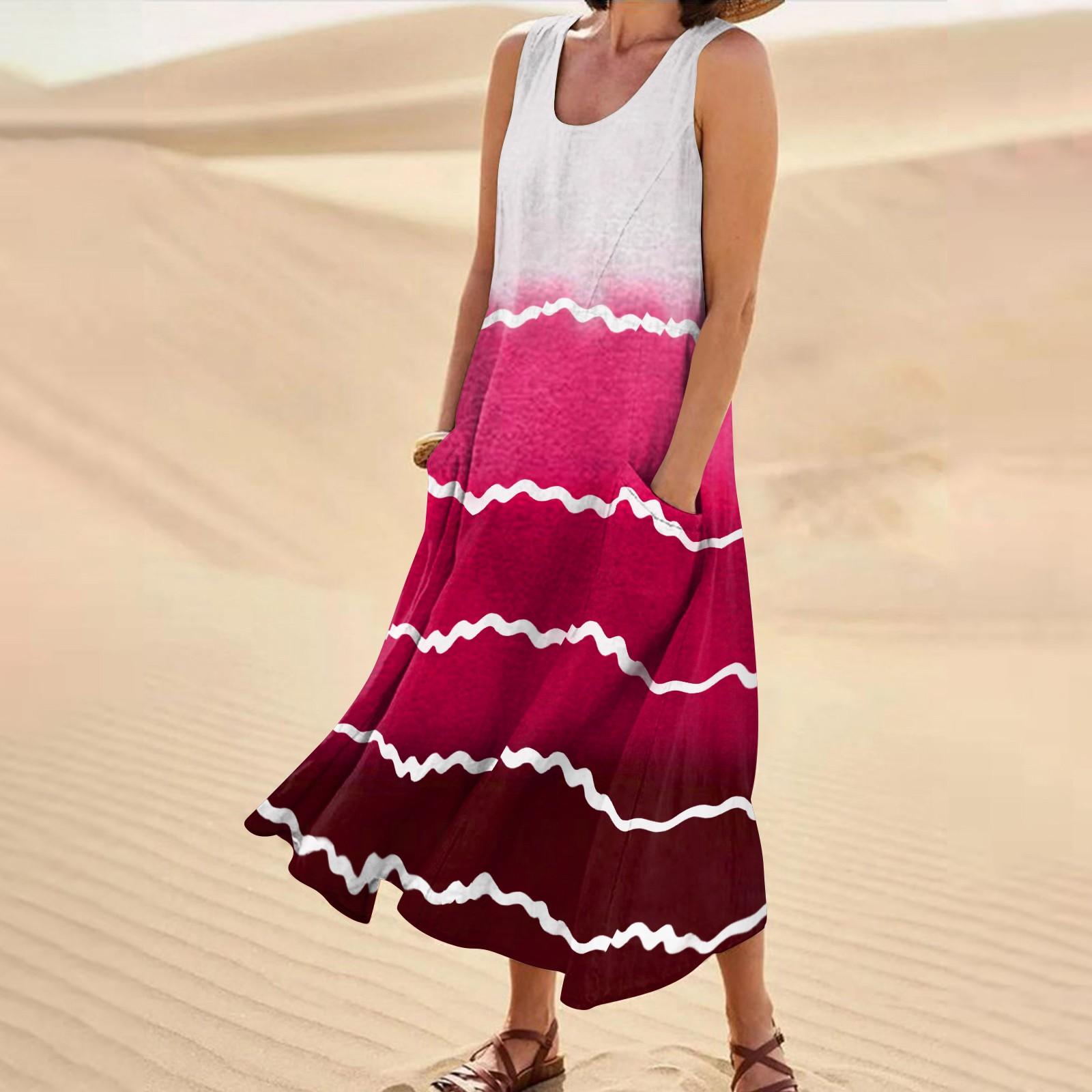 Женское летнее повседневное модное платье в полоску с принтом без рукавов и круглым — фото 11