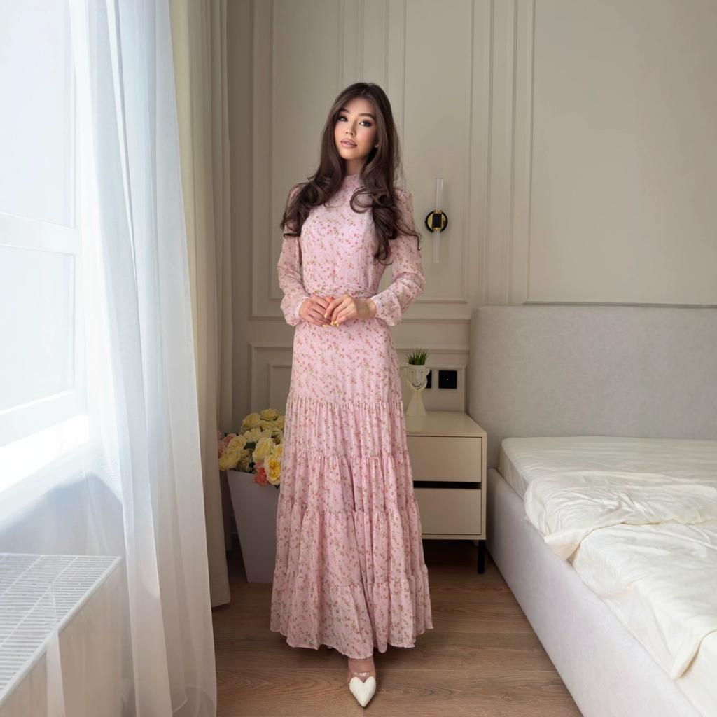 Women's new French elegance temperament celebrity style floral turtleneck long-sleeved lace-up waist wide swing dress