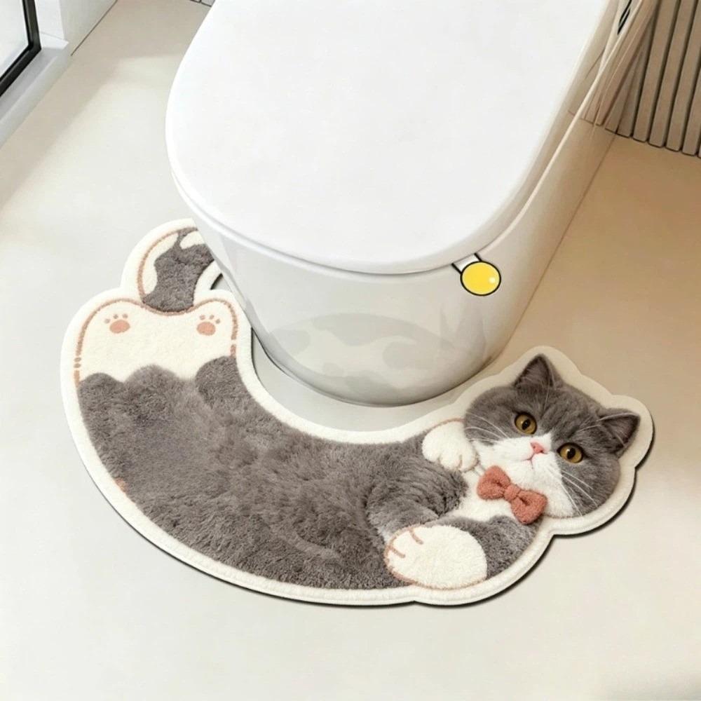 Cartoon Cat Pattern U-Shaped Bath Mat Cozy Absorbent Mat Convenient Toilet Foot Mat Home Decor