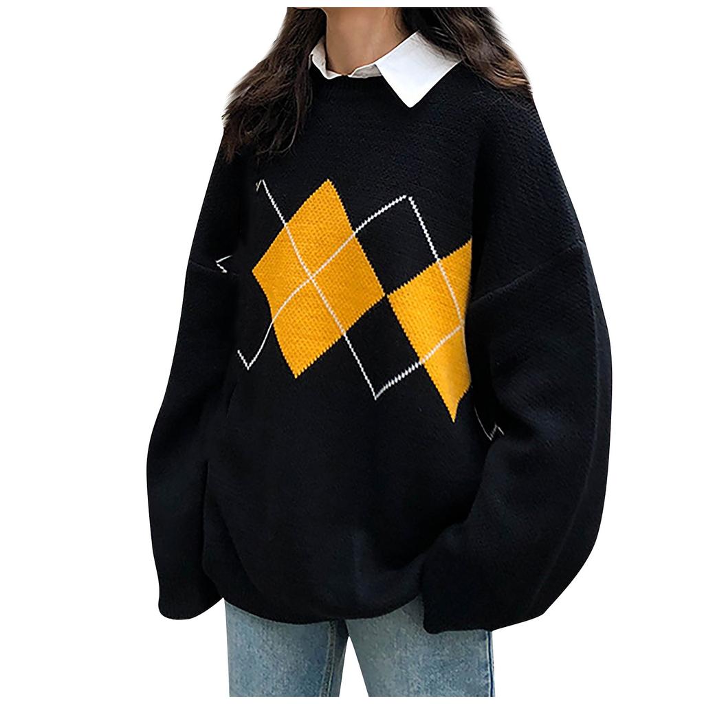 Herbst Winter Innenhof Stil Geometrisches Muster Lose Rundhals Strick Pullover