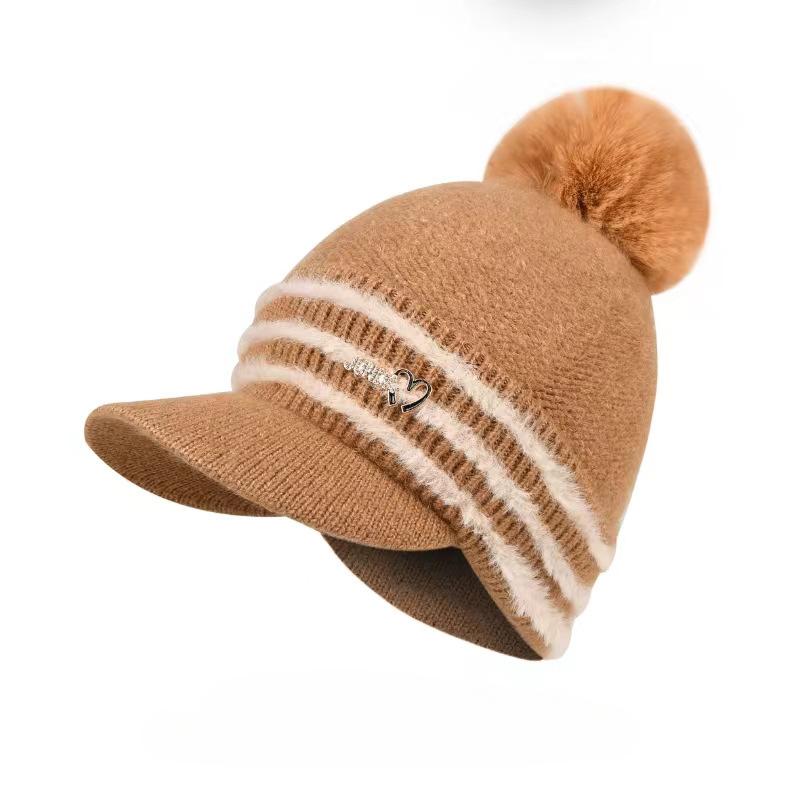 New Autumn and Winter Striped Hat Outdoor Plush Windproof Wool Hat Girl Hairball Ear Protector Knitted Cap