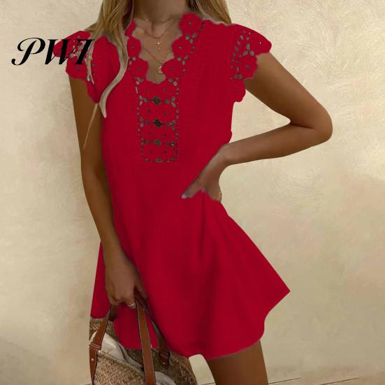 Lace Dress Women Hollow Out Summer Flower Pattern A-Line for Daily Wear Mini