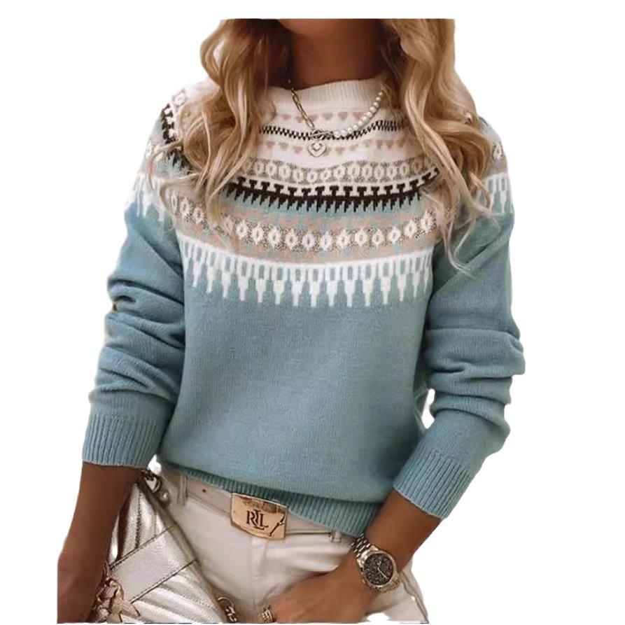 Women's Round Neck Colour Blocked Loose Fit Fashion Pullover Knitwear Luxurious Relaxed-fit Slimming and Versatile Top