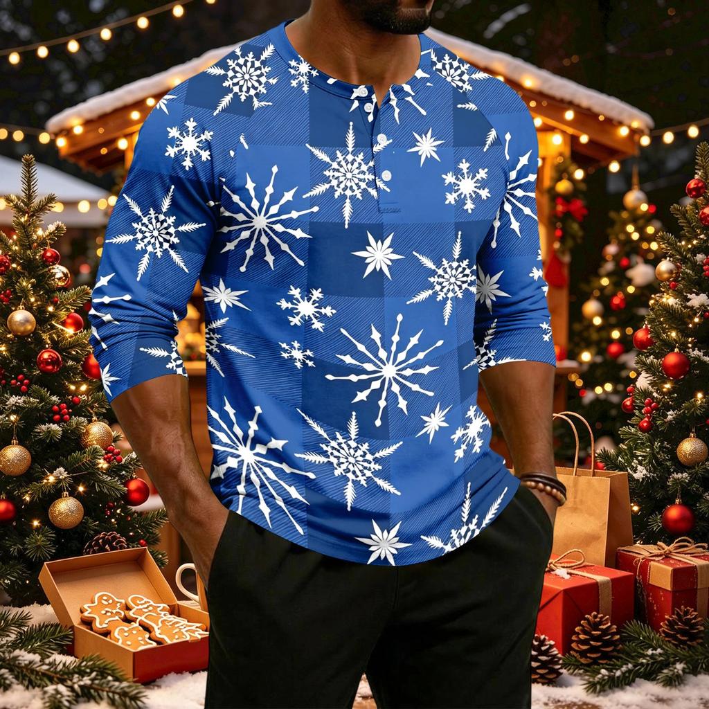 Men's Casual Shirt with Raglan Three-Quarter Length Sleeves Christmas Print Pullover